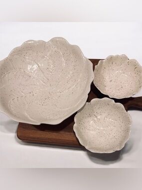 Vintage Ceramic Cabbage Leaf Salad Bowl Serving Set Of 3 Speckled Cream & Brown